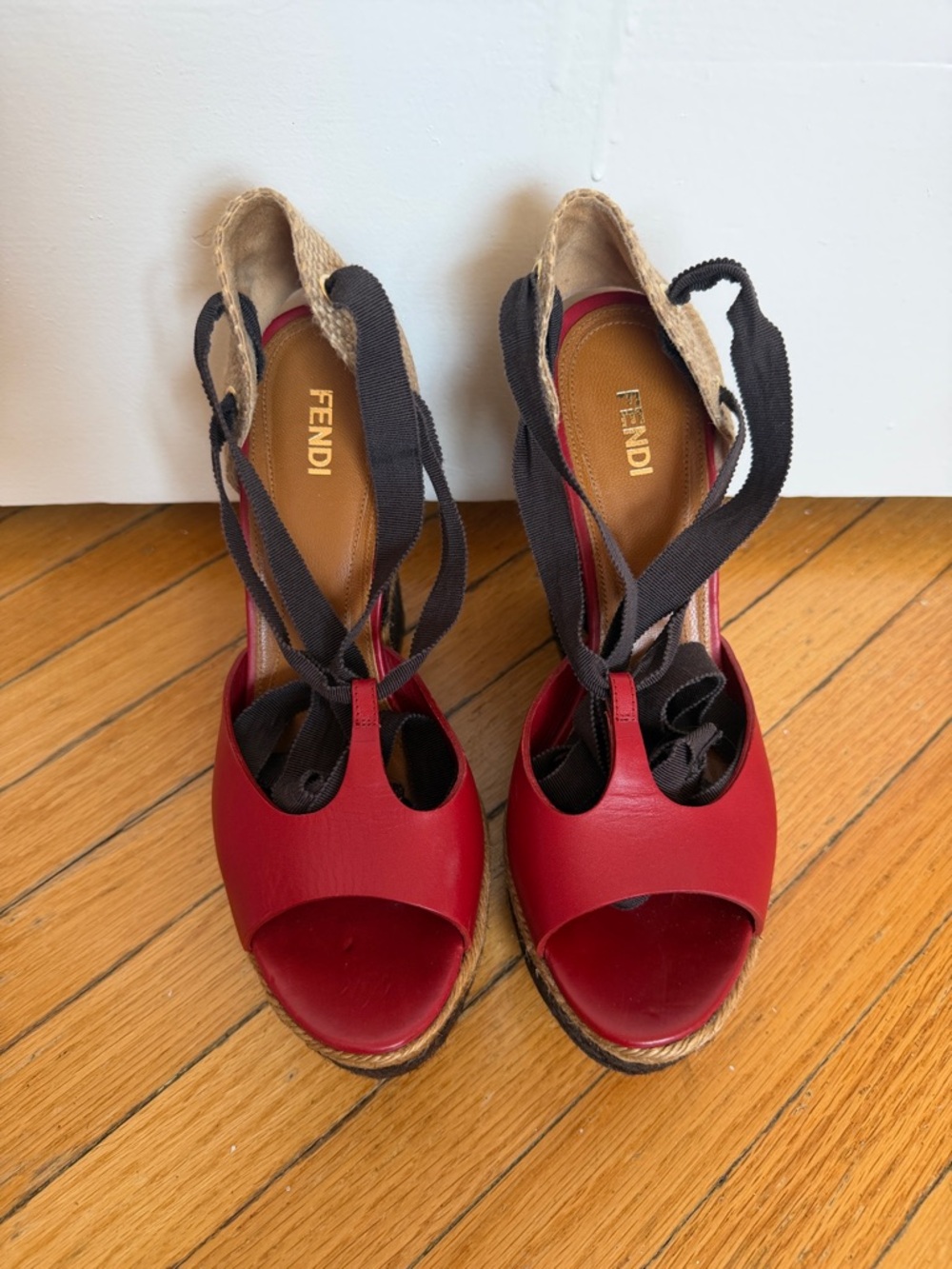 Fendi Red Leather Espadrille Wedges with Dark Brown Ribbon Ties